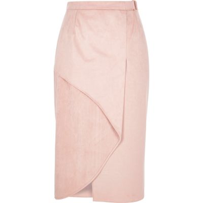 Light pink faux suede wrap pencil skirt